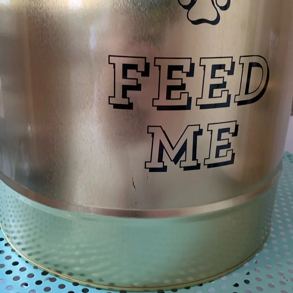Gold FEED ME Large Fringe Pet Food Storage Tin With Lid